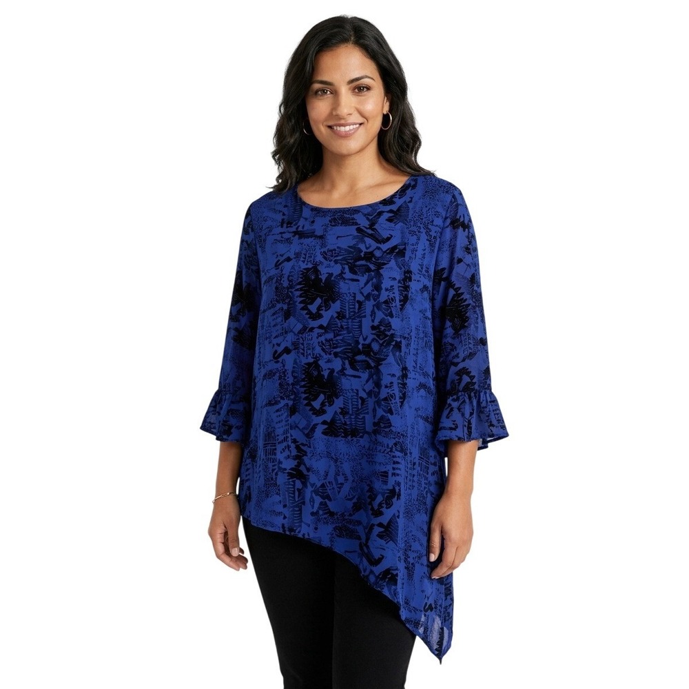Chico's 100% Silk Blouse Women's US Size Large Blue Asymmetrical Ruffle Sleeve